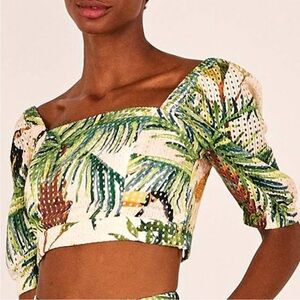 FARM RIO Toucan Paradise Eyelet Top Multi Size S Cropped Square Neck Puff Sleeve